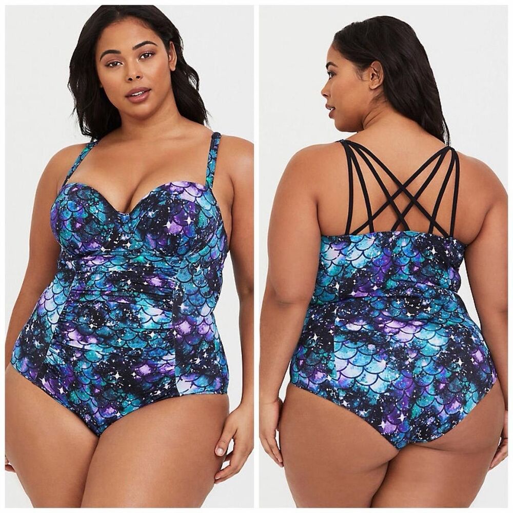 Torrid 2F Mermaid Galaxy One Piece Swimsuit Underwire Strappy Back Plus Size